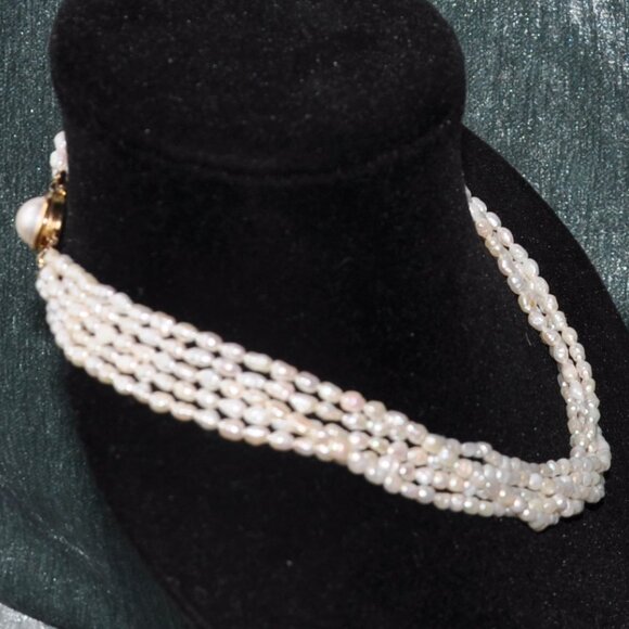 Vintage Multi-strand (5 Rows) Natural Freshwater Rice Pearl hand Beaded Necklace - Picture 3 of 12